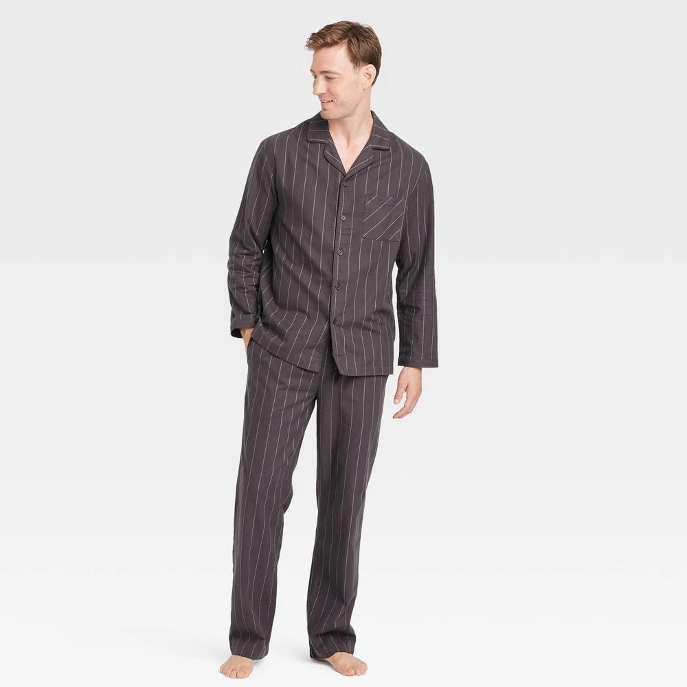 Goodfellow & Co Mens Flannel Pajama Set L Gray Striped 2pc Cotton NWT